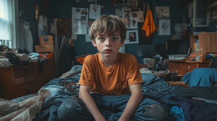rebellious child demanding attention in a disorderly bedroom, chaotic and messy room causing frustration, emotional conflict and parenting struggles with behavioral problems and youth defiance