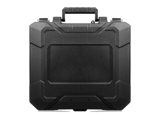 Black plastic tool case on white background.