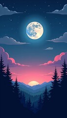 Breathtaking Nocturnal Sky with Luminescent Horizon Above Woodland in 2D Graphic Design Ideal for Nature Artwork and Backdrops