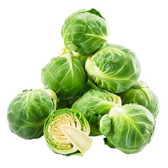 Obraz premium Fresh raw brussels sprouts are piled on top of each other, with one cut in half showing the inside texture