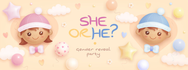 He or she. Boy or girl. Cartoon gender reveal card, banner, invitation design template. Wallpaper with 3d cartoon black baby girl and black baby boy. Vector illustration
