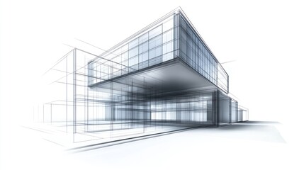 A modern architectural design sketch showcasing a sleek, glass-fronted building.
