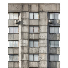 Facade of an old concrete apartment building with many small windows and air conditioners showing signs of deterioration