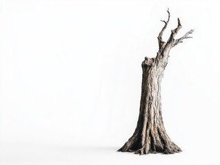A solitary, weathered tree trunk stands against a minimalist white background.