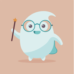 Obraz premium Cute kawaii ghost with teal body, blue glasses, and magic wand, a minimalist Halloween character in pastel colors.