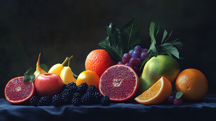 Hyper-realistic fruit in an artificial still life, with perfect textures and exaggerated colours