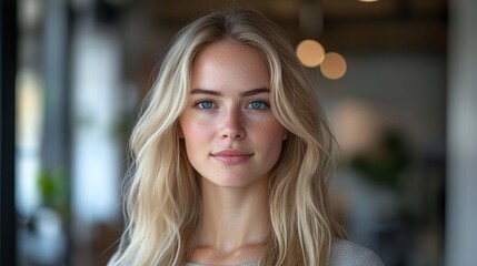 Obraz premium portrait of a blonde woman with blue eyes in an office, highlighting her stylish appearance and confident expression as she represents a diverse and modern workforce