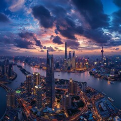 Fototapeta premium View of Shanghai skyline panoramic cityscape at night