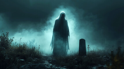 A hooded silhouette appeared in the fog filled dark tomb