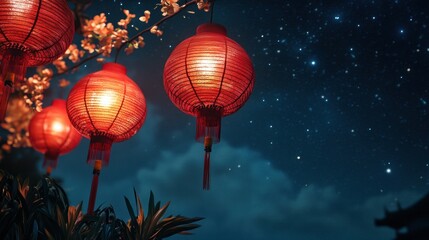 Obraz premium Red Chinese paper lanterns glowing brightly against a starry night sky, with traditional decorations for New Year below.