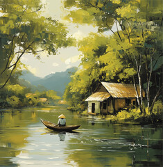 a villager rowing a small sampan boat vector