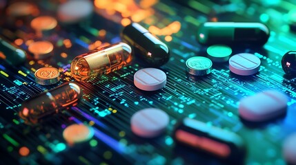 Assorted colorful pills and capsules scattered on a digital circuit board.