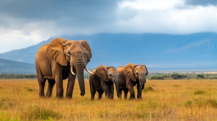 Obraz premium Family of Elephants Walking in Savanna Landscape