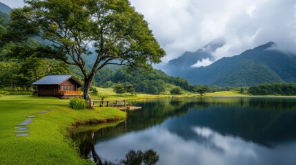 Obraz premium Tranquil Lakeside Cabin Surrounded by Lush Nature