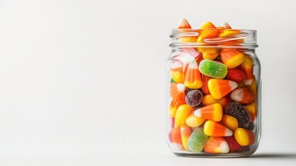 A glass jar filled with colorful Halloween candy, including candy corn and gummy monsters, set against a simple white background.