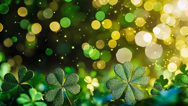 Lush green clover field with sparkling bokeh lights, representing nature, luck, and festive seasonal celebration in vibrant greenery.

