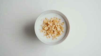 A minimalist shot of a cereal bowl with crunchy flakes and milk, placed on a clean white surface, emphasizing a simple and healthy breakfast choice.