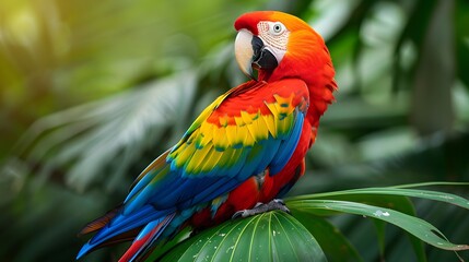 Vibrant Parrot Perched on a Leaf in a Tropical Setting