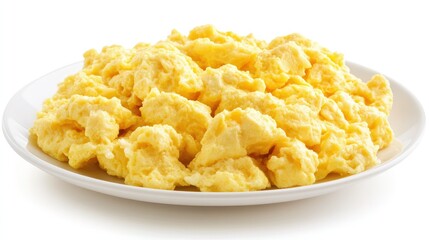 A pile of perfectly scrambled eggs, creamy and golden, placed on a white plate against a blank white background, showcasing a basic breakfast staple.