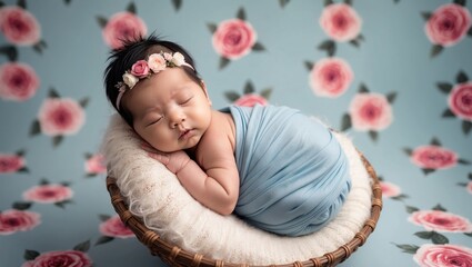 A peacefully sleeping baby wrapped in blue, cradled in a wicker basket