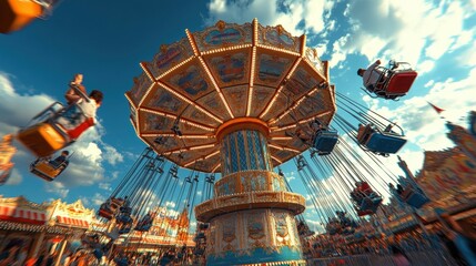 A group enjoys riding a merrygoround at an exciting park