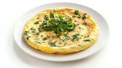 A round omelet with fresh herbs, served on a white plate, presented against a stark white background for a clean, simple look.