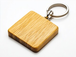 Fototapeta premium A wooden keychain with a metal ring on a white background