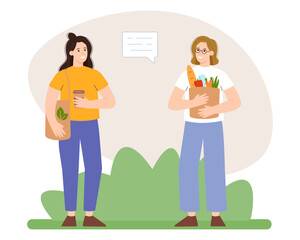 People use paper bags and cloth bags for shopping, reduce waste, and eat environmentally friendly food. Vector illustration of a green lifestyle, sustainable development