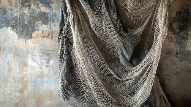 Worn fishing nets draped against a textured wall backdrop