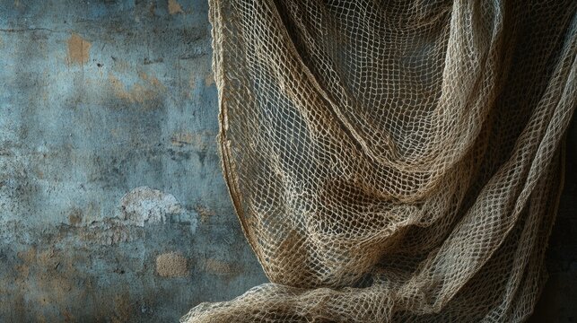 Worn fishing nets draped against a textured wall backdrop