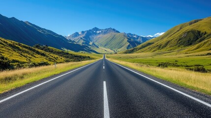 Fototapeta premium Asphalt road stretches towards lush green mountains under a clear blue sky