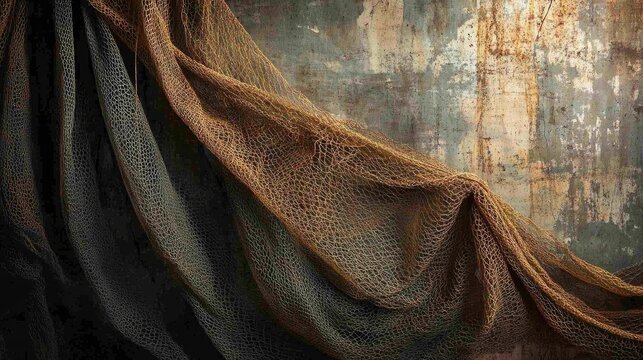 Worn fishing nets draped against a textured wall backdrop