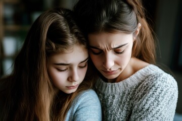 mother embraces her sad teenage daughter, both looking down with worried expressions, emotional support, parent and child during a difficult time