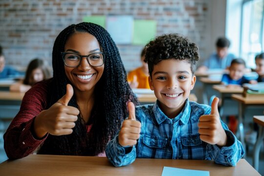 Smiling Black female teacher and happy student giving thumbs up in classroom, positive tutoring and mentorship concept, diverse education and learning - Powered by Adobe