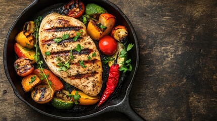 Grilled chicken breast accompanied by grilled vegetables presented on a cast iron skillet against a wooden backdrop with ample flat lay copy space