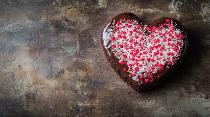 Obraz premium Heart shaped chocolate cake adorned with white sugar icing and red love sprinkles set against a rustic industrial table backdrop Space for text included