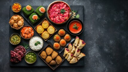 Traditional Indian desserts displayed on a concrete surface in a flat lay arrangement