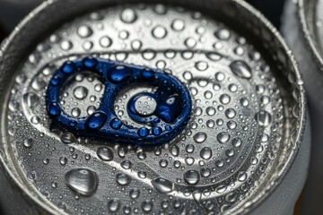 Close-up of an aluminum beverage can covered in condensation droplets. The blue pull tab and silver metallic surface are highlighted, emphasizing coldness and refreshment.
