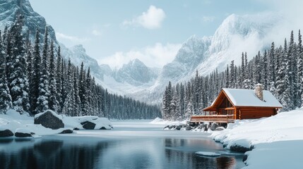 Scenic winter landscape featuring a snow covered lake a cozy wooden cabin nestled among rocky mountains and pine trees ideal for family getaways Winter travel inspiration