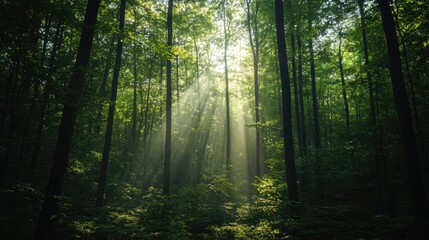 Naklejka premium Bright light filters through dense trees in a forest