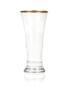 Empty beer glass on white background.