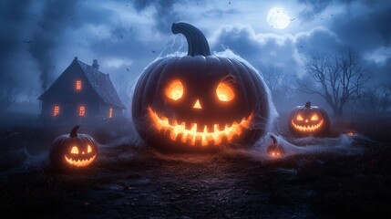 A spooky Halloween scene featuring glowing jack-o'-lanterns, an eerie house, and a moonlit sky filled with clouds.