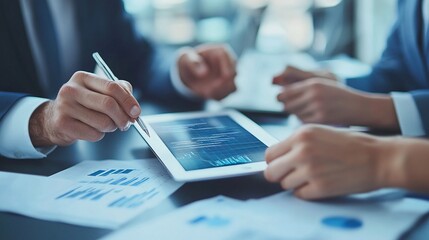 dynamic office scene featuring business colleagues analyzing a project on a tablet illustrating the collaborative spirit of modern workplaces and the role of technology in enhancing productivity