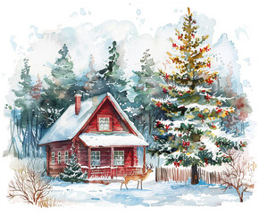A red house with a white chimney sits in front of a pine tree. A deer is walking in the snow near the house