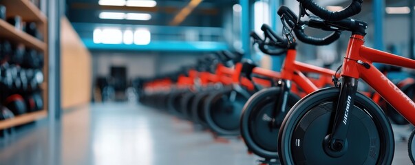 Rows of Red Exercise Bikes in Modern Studio