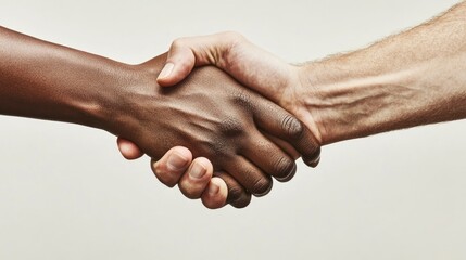 Diverse hands of different ethnicities shaking on a neutral backdrop