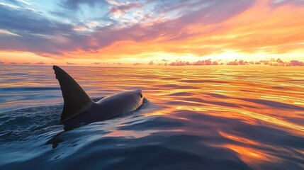 Fototapeta premium Shark fin breaks the calm water surface beneath a peaceful sunset sky forming a striking contrast in this captivating seascape