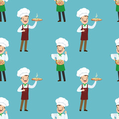 Seamless pattern with happy pizza chef. Pizza makers, texture background. Wallpaper template. Traditional Italian food dish. Pizzeria workers in uniform.