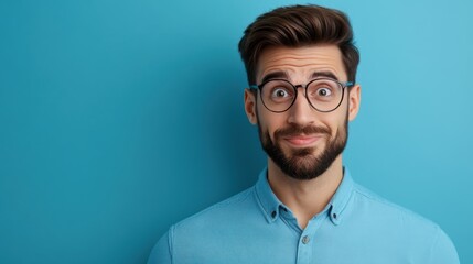 Obraz premium Smart Man with Playful Expression Against Blue Background