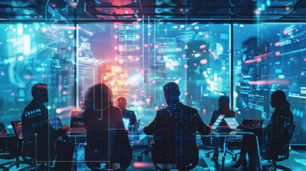 A digital transformation team in a futuristic boardroom, developing strategies to lead their company's technological innovation and global competitiveness.